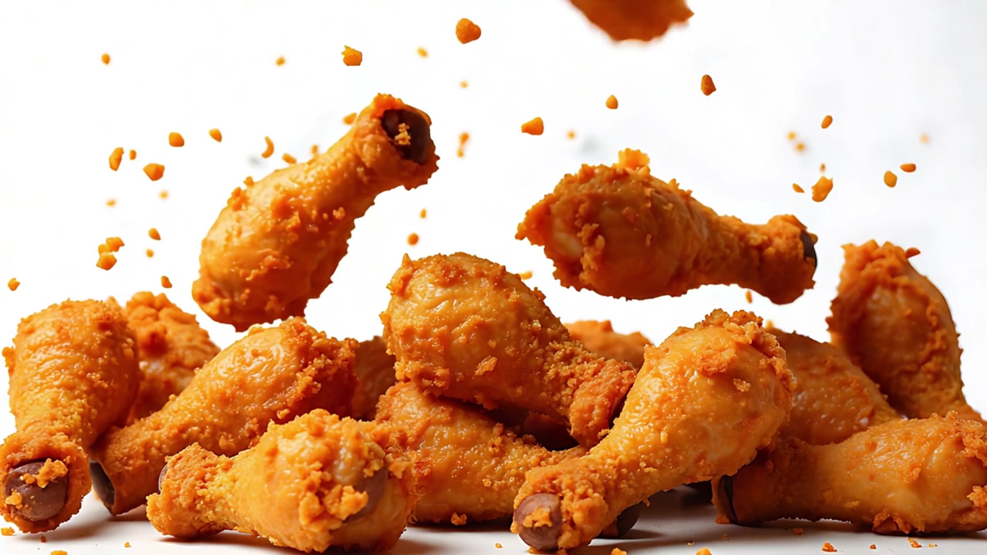 Freshly breaded chicken pieces piled before frying