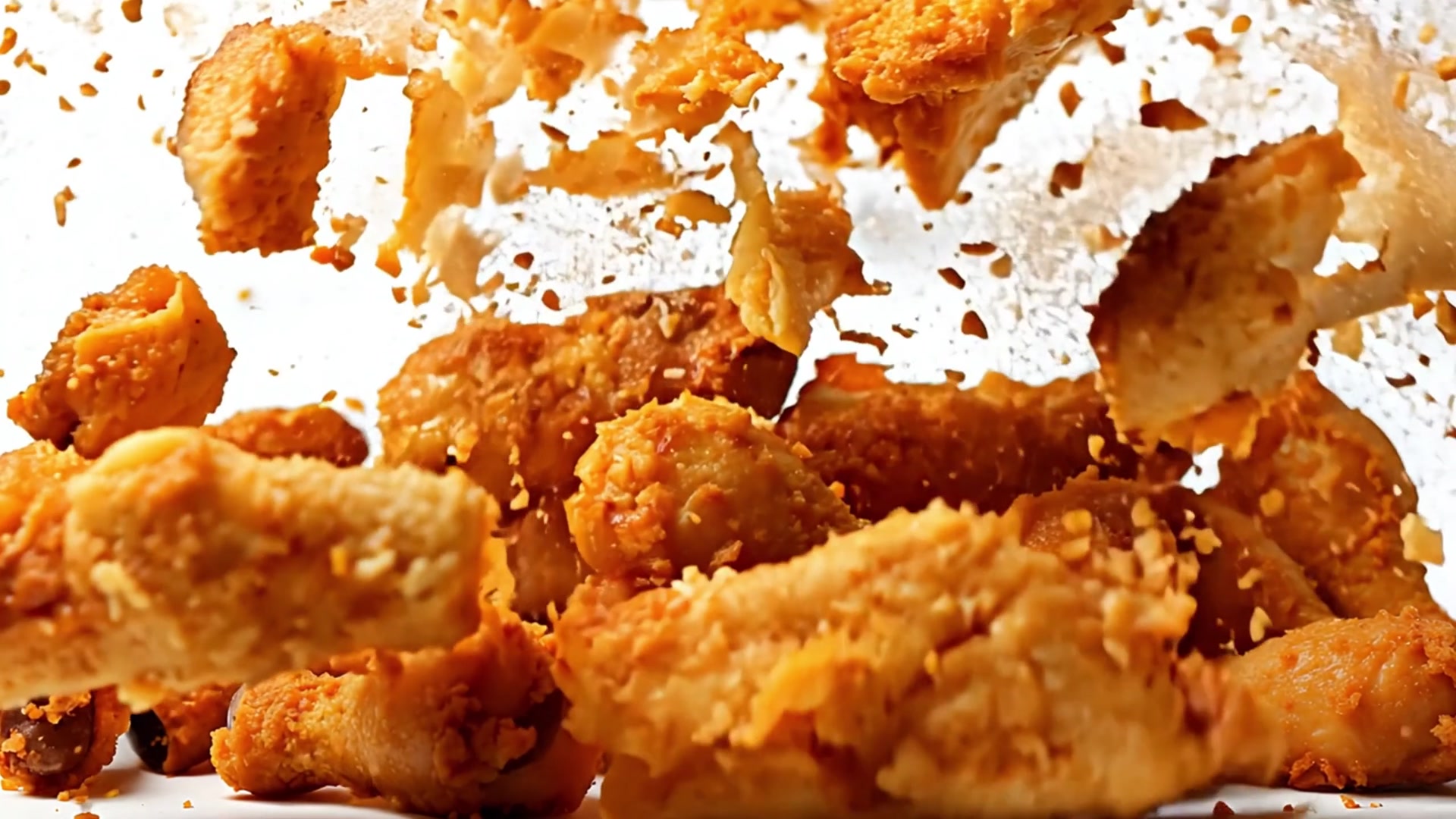 Chicken pieces mid-toss with crumbs flying